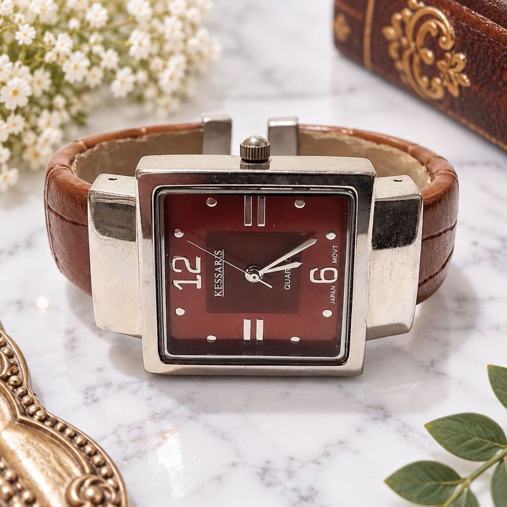 Kessaris Embraceable Cuff Watch Womens Silver Tone Orange Quartz Wristwatch